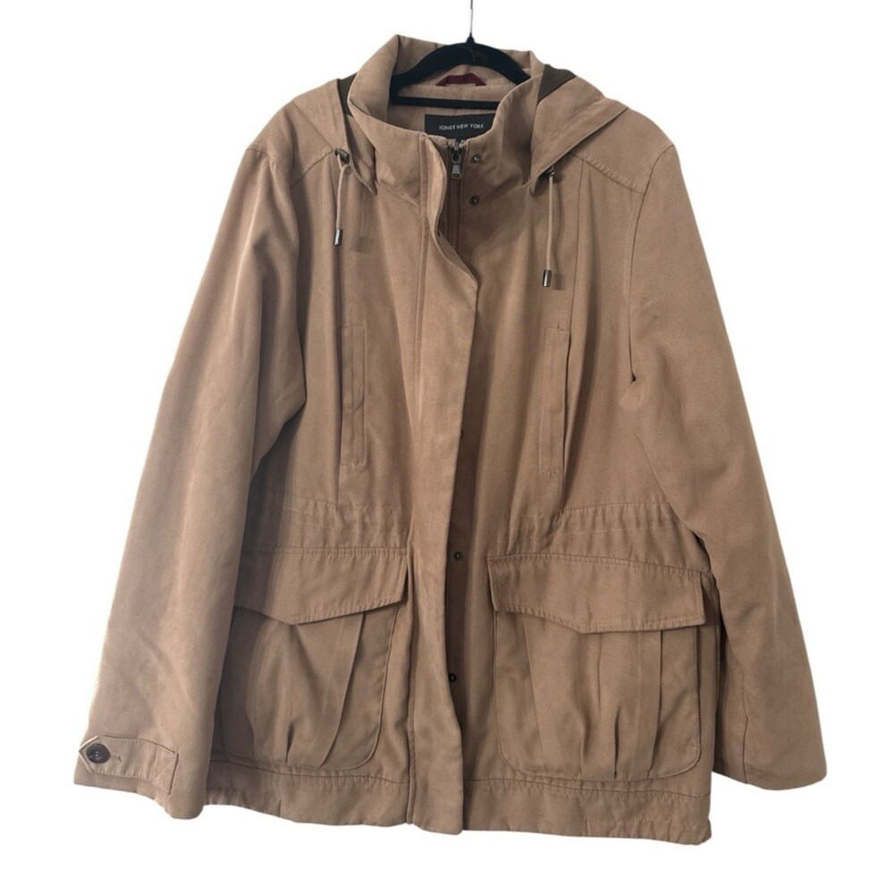 Jones New York Coat Womens XL Brown Hooded Anorak Plaid Lined Zip Pockets Casual
